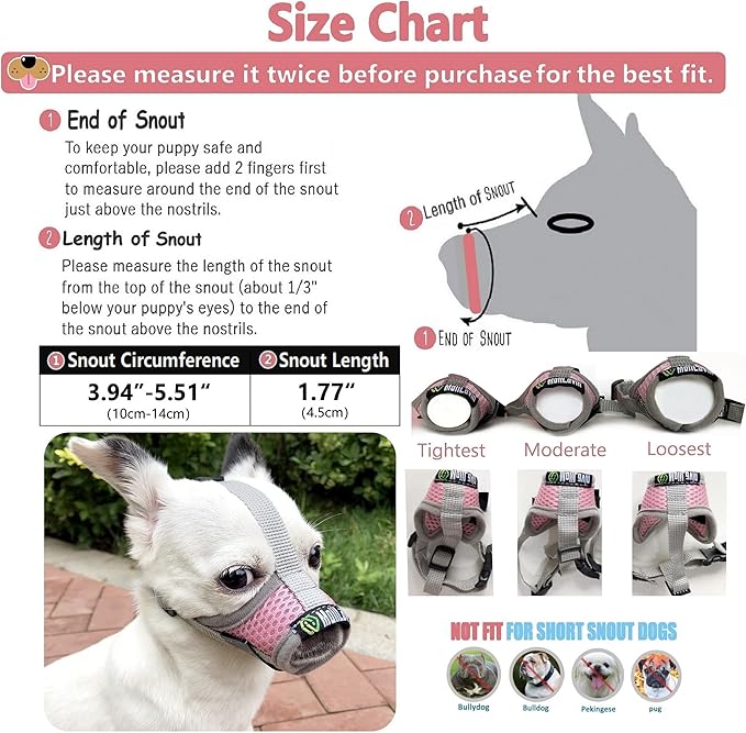 Extra Small Dog Muzzle XS for Grooming Barking Chewing, Barkless Soft Mesh Muzzles to Prevent Eating Poop Things,Best for Aggressive Dogs (Grey-Pink)