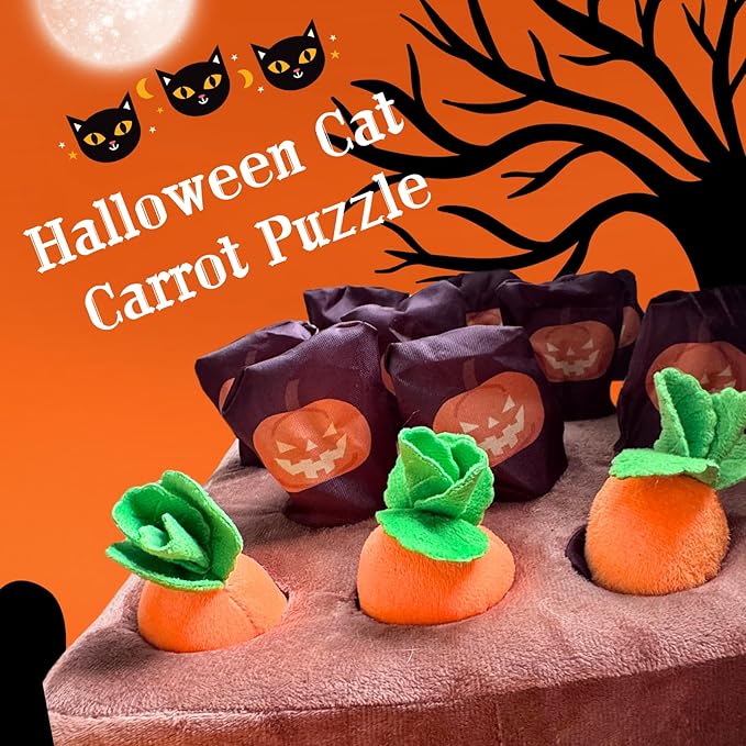 Carrot Patch Cat Toy Halloween Edition, Carrot Mat Pocket with Pumpkin Design, 12 Squeaky Carrot with Pockets and 6 Ghost-Themed Toys for Indoor Cats Kicking and Biting