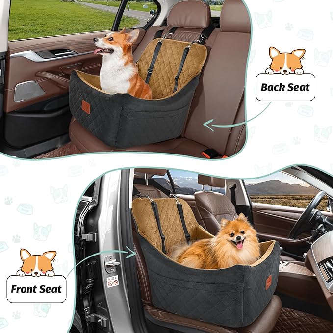 Dog Booster Car Seat for Medium Dogs Up to 40lbs Pets,Easy to Install,Fully Detachable and Washable,Anti-Slip Base,Snug Puppy Car Seat with 2 Clip-On Leashes(Black/Coffee,Medium)
