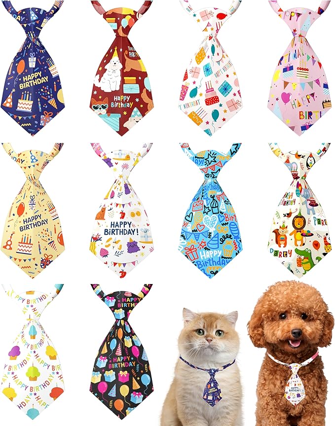 PET SHOW 10 Pack Happy Birthday Small Dog Ties Neckties for Doggies Cats Balloon Cake Neck Ties Bowties Girl Boy Pets Puppy Adjustable Holiday Costume Grooming Accessories Party Gift Favor