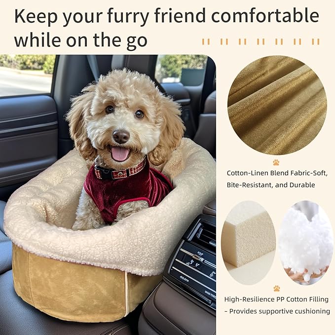 Console Dog Car Seat for Small Dogs – Portable Booster Seat with Safety Belt, Non-Slip Base, and Storage Pockets, Fits Dogs Up to 11lbs (Brown Frosted Velvet, Small)