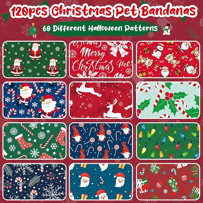 Amylove 120 Pcs Dog Bandanas Bulk Holiday Triangle Dog Pack Puppy Kerchief Bandana Adjustable Pet Scarf for Pet Cat Costume Accessories Decor(Snowman)