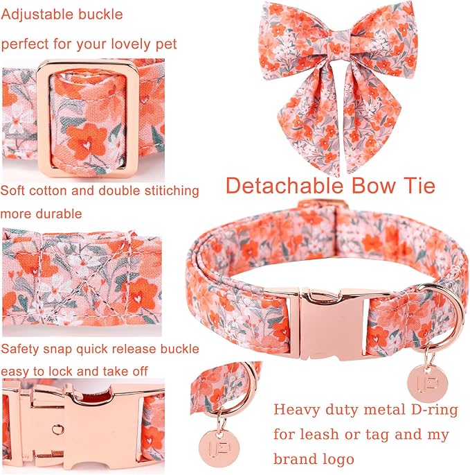 Orange Flower Bowtie Dog Collar - Summer Collar for Puppy Boy Girl, Comfortable Cotton With Metal Buckle, M