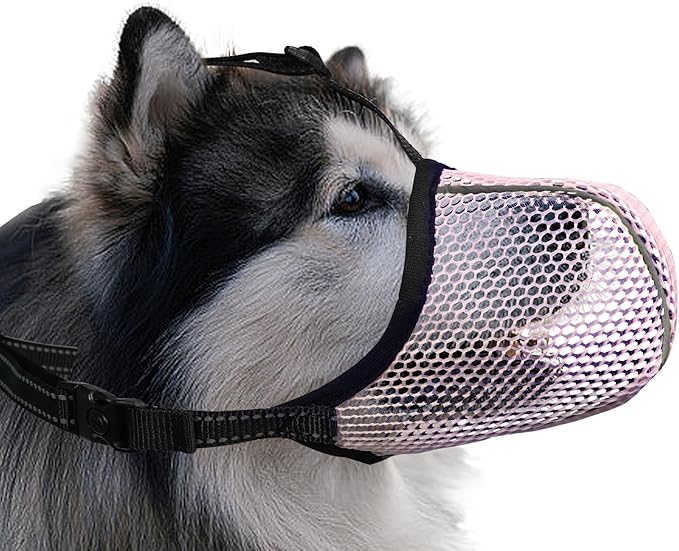 Dog Muzzle for Extra Large Dogs - Anti Barking/Biting/Chewing- Reflective & Adjustable Basket Muzzle with Air Mesh for German Shepherd Pink XXL