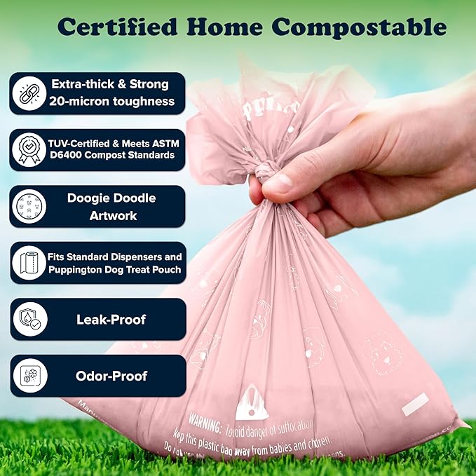 Puppington Certified Home Compostable Poop Bags -ASTM D6400 Compliant- 90 Extra Thick Bags - Plant Based- Pairs with Puppington 3-in-1 Bag & Fits all Standard Poop Bag Dispensers (Blush Pink)