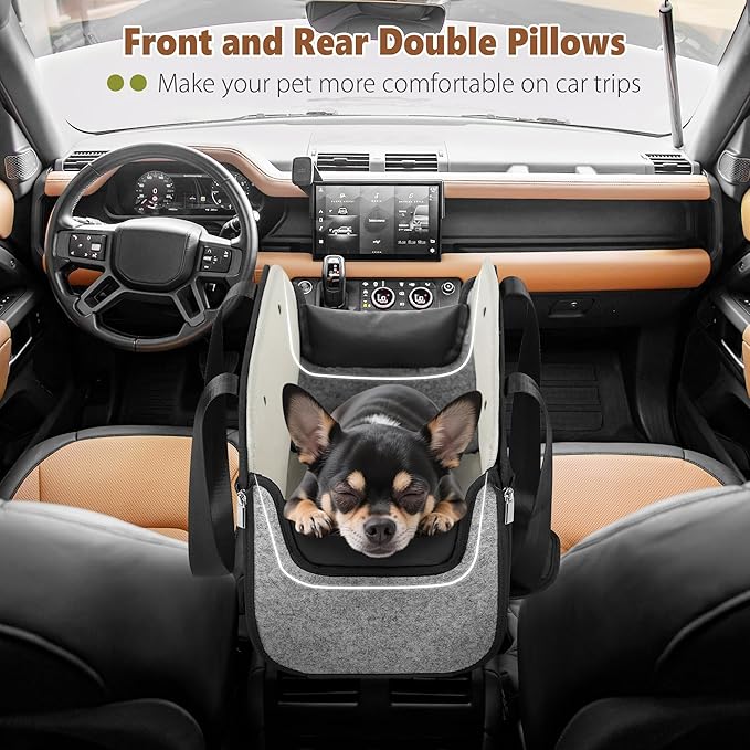 YUDODO Large Console Dog Car Seat (Width＞9in) Fits 0-18lbs, Anti-Slip Puppy Cat Travel Portable Booster Seat, Portable Pet Car Bed Carseat Dual Front & Rear Pillow Gray