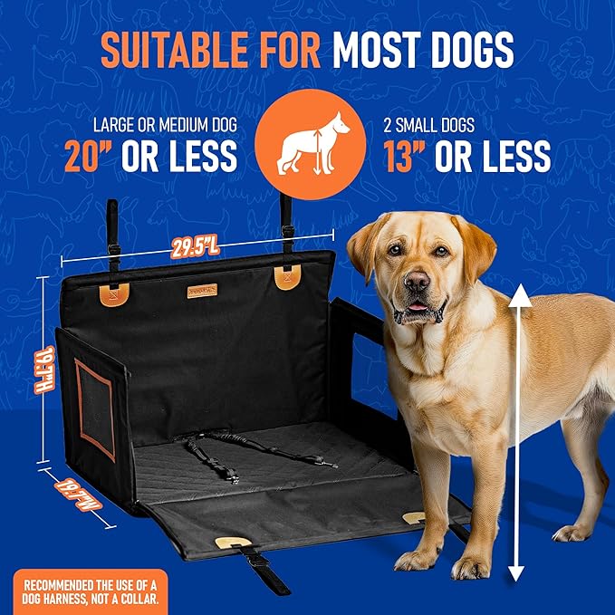 Dog Car Seat Medium Sized Dog or 2 Small Dogs. Hard Bottom, Dual Safety Belt, Waterproof, Mesh Sides, Scratch-Resistant. Car Seat for Medium to Large Dogs, Pet Carseat Cover 29.5" X 19.7" X 19.7"