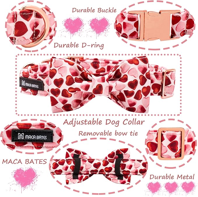 Maca Bates Valentine Love You Sweet Heart Dog Collar with Bow Tie for Dogs Valentines Bowtie Soft Adjustable Breakaway Red Collars Valentine for Small Medium Large Girl Boy Puppy