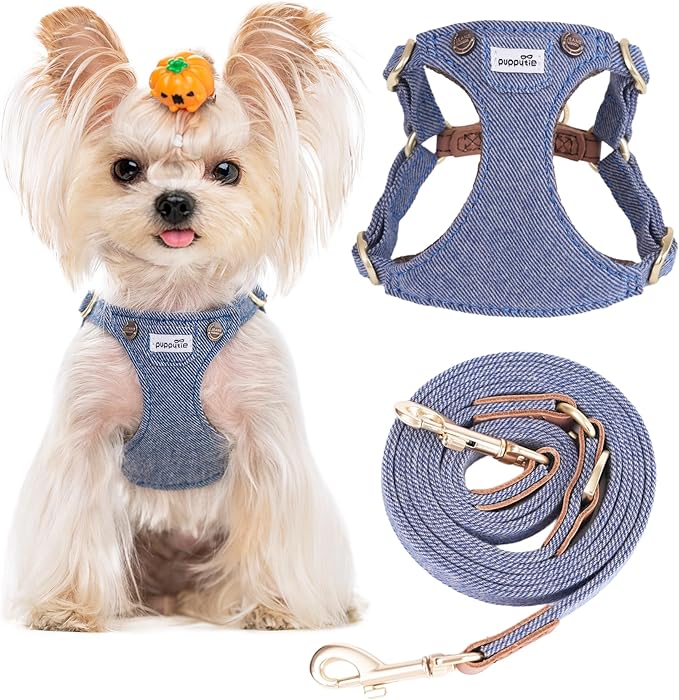 Puppytie No Pull Small Dog Harness with Multifunction Dog Leash,Lightweight Soft Adjustable No Choke Escape Proof Pet Harness Vest Pet Harness Vest,Denim Light Blue,S