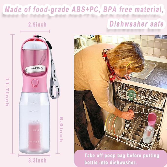 Dog Water Bottle with Food Container & Poop Bag Holder, Travel Water Bowl, Portable Pet Dispenser, Girl Dog Accessories Stuff Items Essentials Gift for Yorkie Chihuahua Walking Hiking