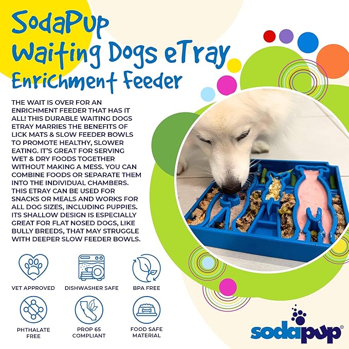 SodaPup Waiting Dogs eTray – Durable Enrichment Feeder Made in USA from Non-Toxic, Pet-Safe, Food Safe Material for Mental Stimulation, Calming, Slowing Down Eating, Healthy Digestion, & More