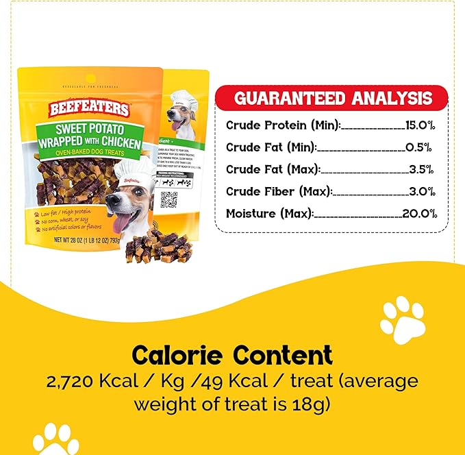 Beefeaters Sweet Potato Wrap with Chicken – Dog Treat. No Corn, Wheat, Soy or Gluten, Low Fat, Whole Muscle Jerky, Ideal for Training & Snacks