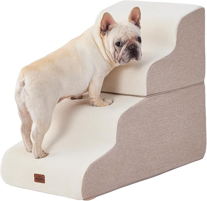 Beige Curved Dog Stairs Ramp for High Beds 22.8" H, 4-Step Dog Steps for Couch Sofa and Chair, Pet Stairs for Cats, Non-Slip Balanced Pet Steps