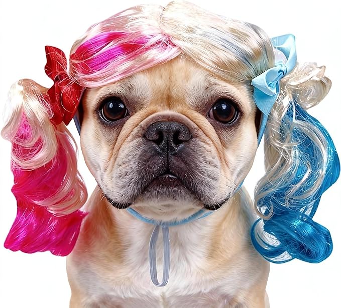 Funny Vibrant Pink Blue Double Ponytail Dog Wig - Adjustable Elastic Band Pet Cosplay Accessory for Dog Cat, Halloween, Christmas, Parties, Festivals, Cosplay Gag Dress Up Fits Small Medium Large Dogs