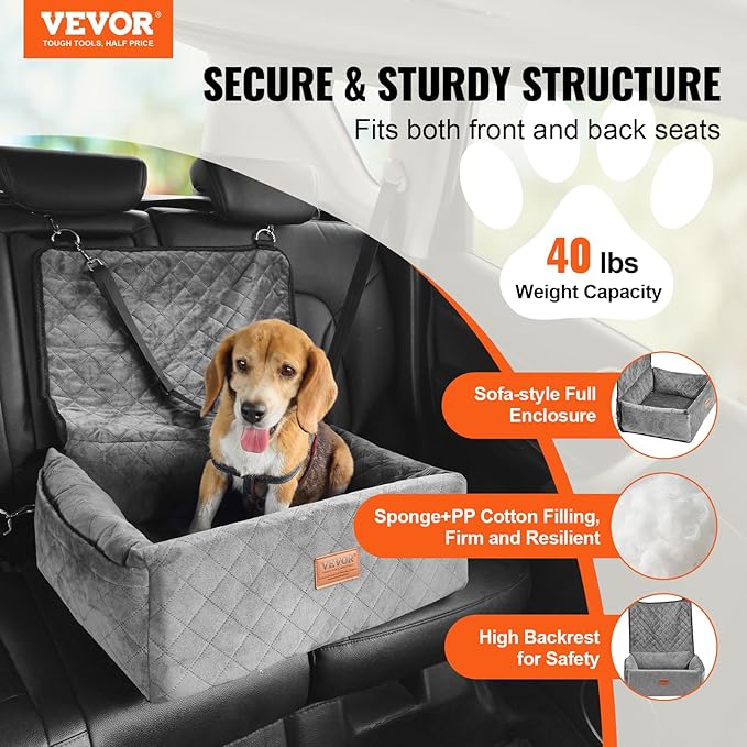 VEVOR Dog Car Seat, Dog Booster Seat for Car with a Storage Pocket, Clip-On Safety Leash, Sponge and PP Cotton Filling, Vehicle Bed for Small & Medium Dogs up to 40lbs,Gray