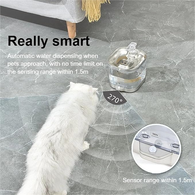 Compatible for Wireless Charging Stainless Steel Pet Water Dispenser Intelligent Induction Automatic Circulation for Cats Dogs(White)