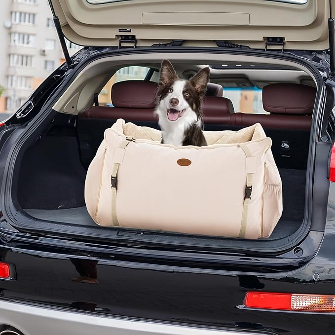 Dog Car Seat for Small Medium Large Dogs, Eco-Friendly Microfiber Velboa, Dog Booster for Under 45Lbs, Detachable and Washable Travel Seat with Thick Cushion (Pink Beige, XL)