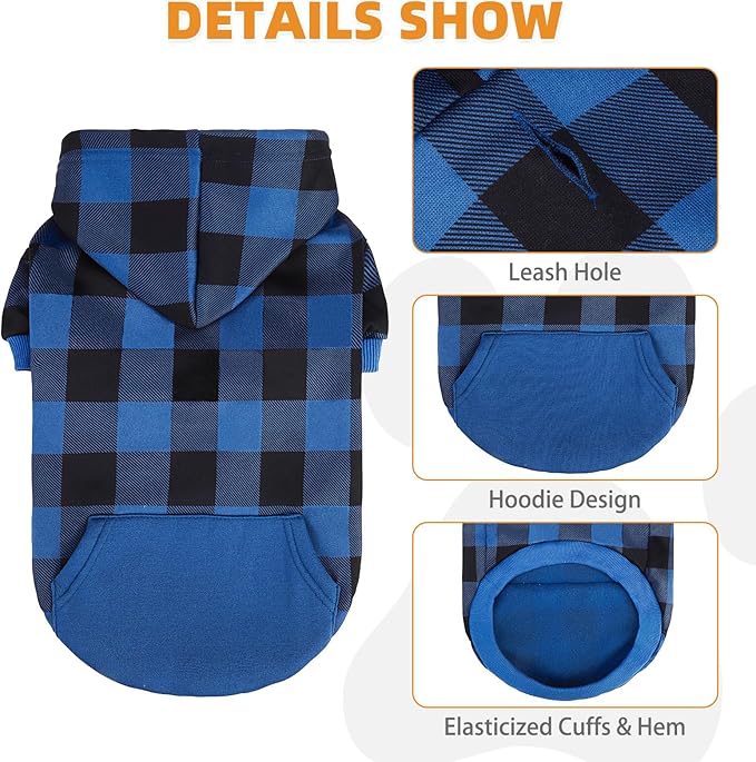 KOOLTAIL Plaid Dog Hoodie Pet Clothes Sweater with Hat and Pocket for Small Medium Large Size Dogs, Soft Winter Warm Dog Cold Weather Coat, Fleece Fall Dog Hooded Sweatshirt for Puppy Cats, Blue S