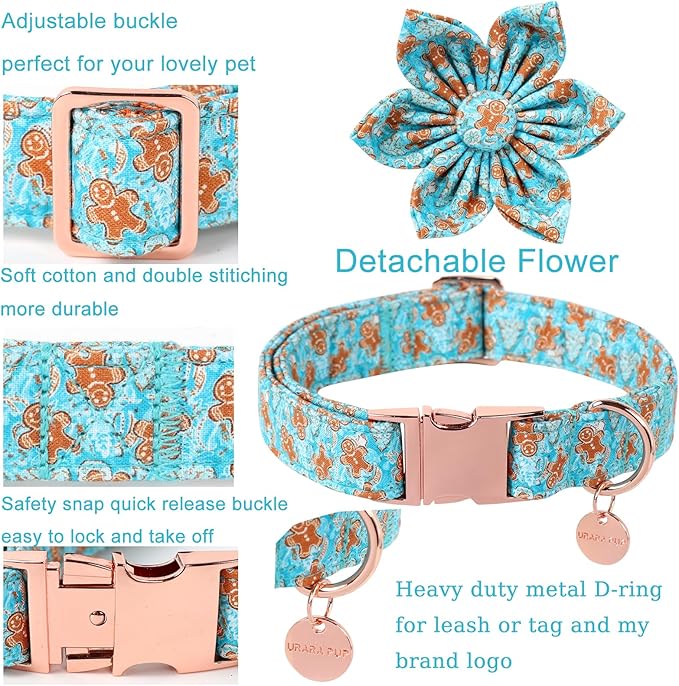 Christmas Dog Collar with Flower,Adjustable Gingerbread Pet Collar,Chriatmas Puppy Flower Collar for Small Medium Large Dogs,M,Neck 13.5-22in