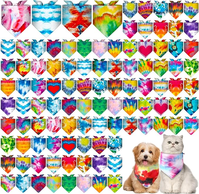 Amylove 120 Pcs Dog Bandanas Bulk Holiday Triangle Dog Pack Puppy Kerchief Bandana Adjustable Pet Scarf for Pet Cat Costume Accessories Decor(Tie Dye)