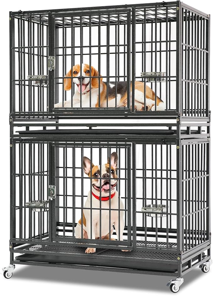 Homey Pet Two Tiers 37 Inch Dog Crate Cage Kennel with Feeding Bowls, Lockable Wheels and Removable Tray, Escape Proof Metal Wire Heavy Duty Dog Crates for Medium/Small Sized Dogs (6 Pack)