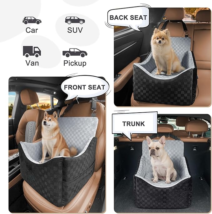 Elevated Dog Car Booster Seat for Smal/Medium Dogs, up to 35 lbs, with Memory Foam, Safety Belts, Detachable Washable Cover and Storage Pockets, Portable Travel-Safe Pet Bed, Gray