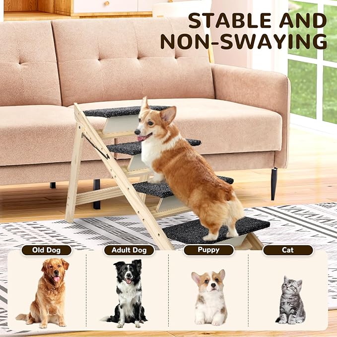 Foldable Dog Stair 2-in-1 with 4 Steps, New Zealand Pine Frame and Non-Slip Carpet Suitable for High Beds, Car,Couch, Durable Wooden Pet Stairs for Small Medium and Large Dogs, No Assembly Required