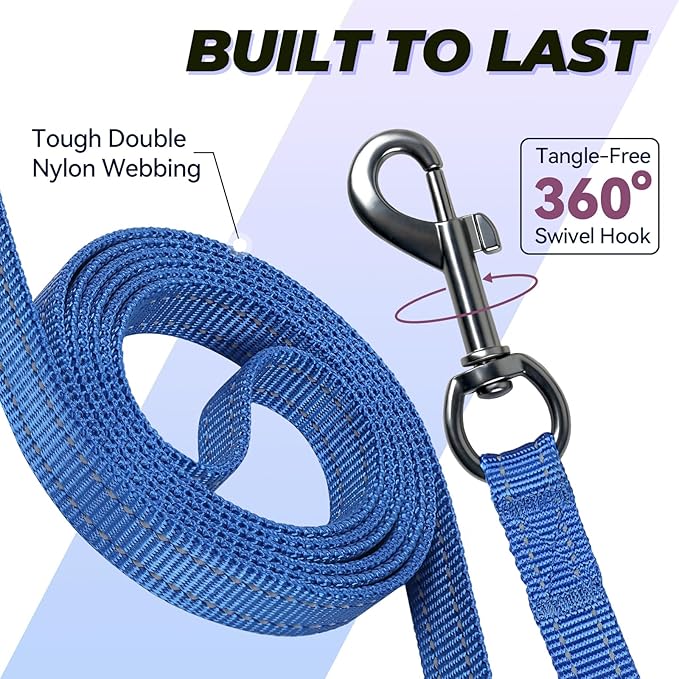 VIVAGLORY Twingrip Dog Leash, Double Handle Dog Leash for Training & Walking with Traffic Handle & 2 Loop, Traffic Control Reflective Heavy Duty for Puppy Pet, 5ft x 1/2in, Blue