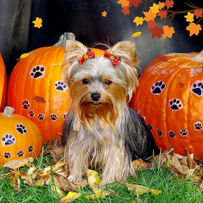 Tondiamo 100 Pack Thanksgiving Dog Hair Bows with Rubber Bands Puppy Rhinestone Grooming Pumpkin Turkey Pattern Accessories for Small Girl