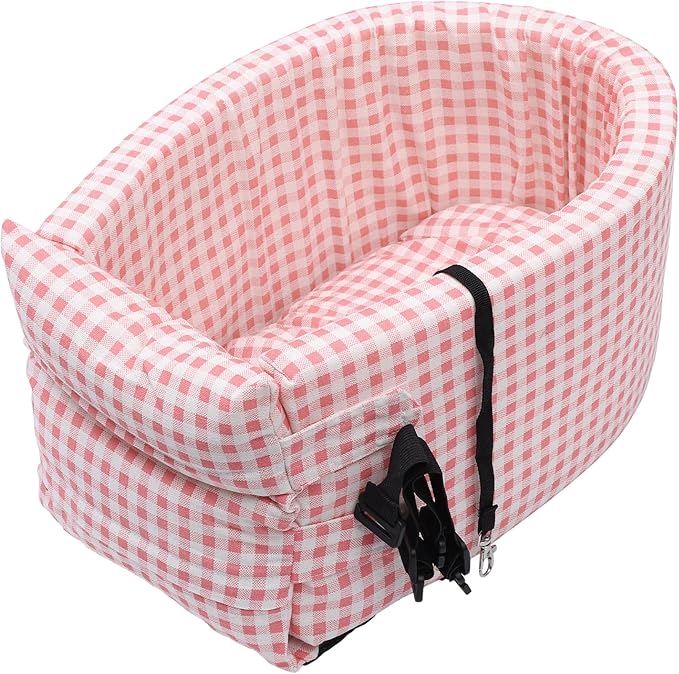 X AUTOHAUX Plaid Style Dog Car Seat Adjustable Straps for Medium Small Sized Puppy Cat Seat Pets Soft Non Slip Bottom Travel Bed Pink White