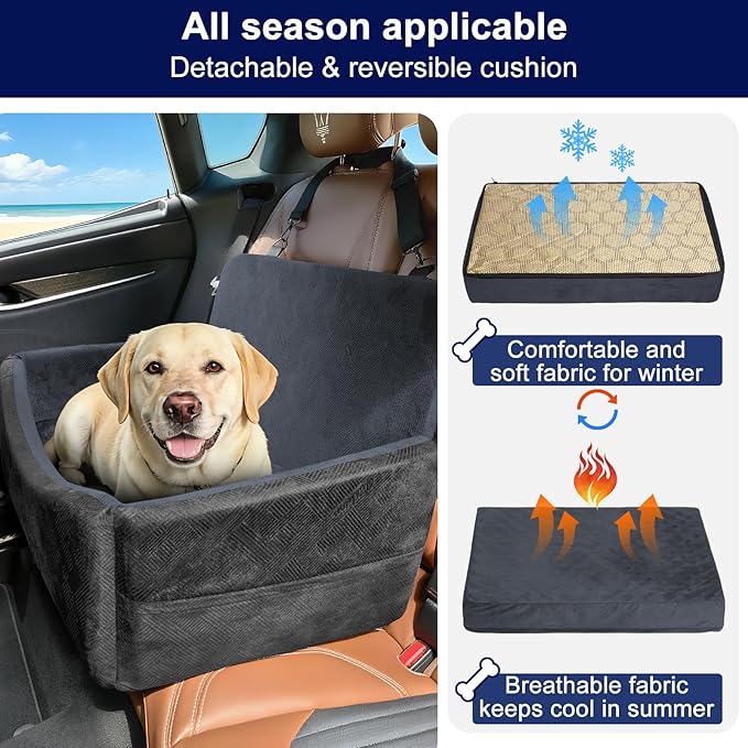 Dog Car Seats for Medium/Large Size Dog, Washable Booster Seat with Detachable Cover, Pet Car Seat with Thickened Memory Foam, Safety Belts, up to 55 lbs, Large(Black)