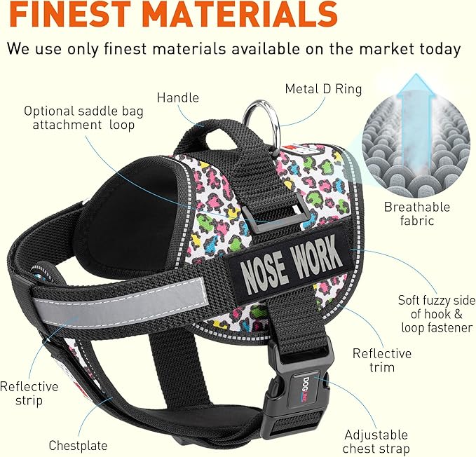 Dogline Unimax Dog Harness Vest with Nose Work Patches Reflective No-Pull, Adjustable Straps, Breathable Neoprene for Medical, Service, Identification, Training Dogs Girth 28 to 38" Leopard Multicolor
