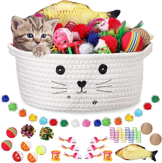 Zopeal 58 Pcs Cat Storage Basket Gift Toys Set, Colorful Flashing Balls Pet Bell Crinkle Balls Spring Toys Attract Cat to Swat, Hunt, Interactive for Pet(White,9.8 Inch)