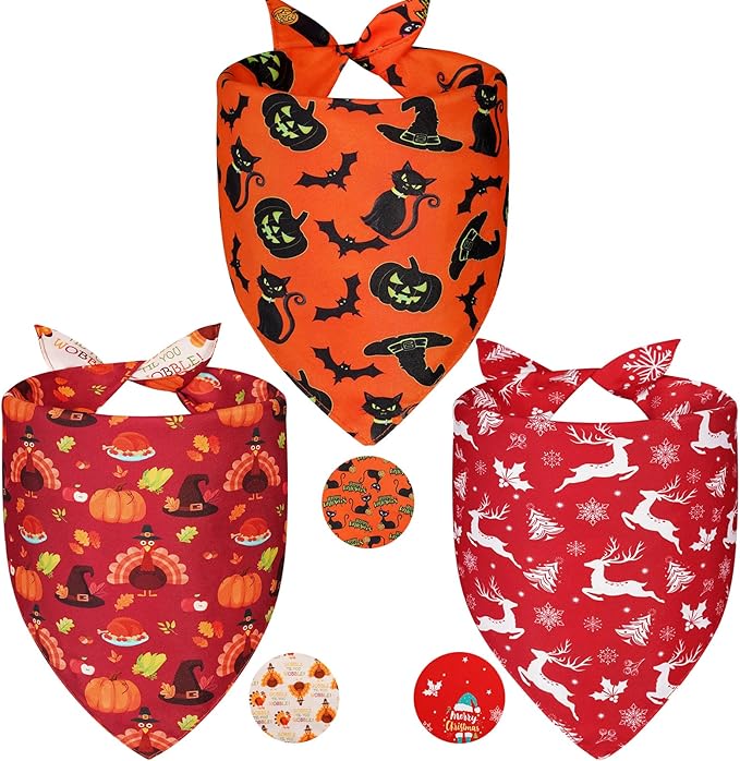 Halloween Dog Bandanas Thanksgiving and Christmas Scarf Small 3PCS, 6 Pattern Breed for Boy and Girl, Triangle Reversible Bibs for Puppy Pets