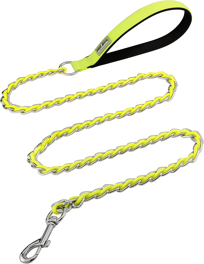 Chain Dog Leash Chew Proof Metal Leash for Medium Large Dogs, Chain Link Anti Chew 5.2FT Strong Anti Bite Comfortable Soft Padded Handle Yellow 3.0