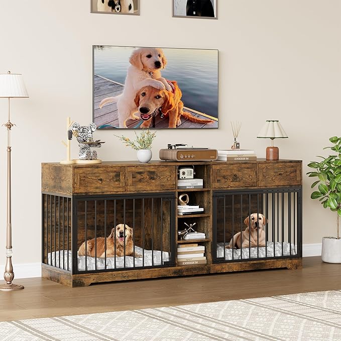 IDEALHOUSE 82" Large Dog Crate for 2 Dogs, Dog Kennel Indoor with 4 Drawers and Shelves, Double Dog Crate Furniture TV Stand, Wooden Dog Cage for Medium Large Dogs, Brown