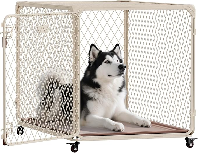 Dog Crate, 42 Inch Diamond Mesh Enhanced Dog Kennel with 4 Lockable Wheels, Leak-Proof Tray, Metal Cage Dog Crates for Large, XL Large Dogs, Pets up 200 lbs, Ideal for Indoor Outdoor Use