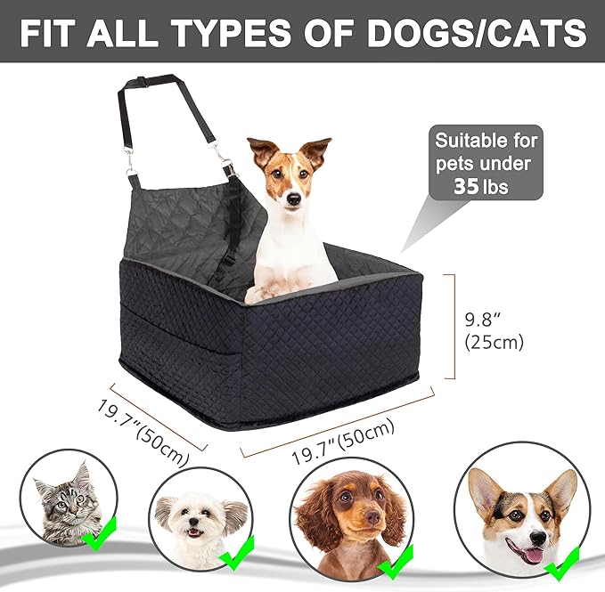 Memory Foam Dog Car Seat for Small/Medium Dogs,Travel Booster Seat for Dogs up to 35 lbs, Washable Removable Cover & Storage Pockets, Comfortable & Safe Car Seat for Pet Travel