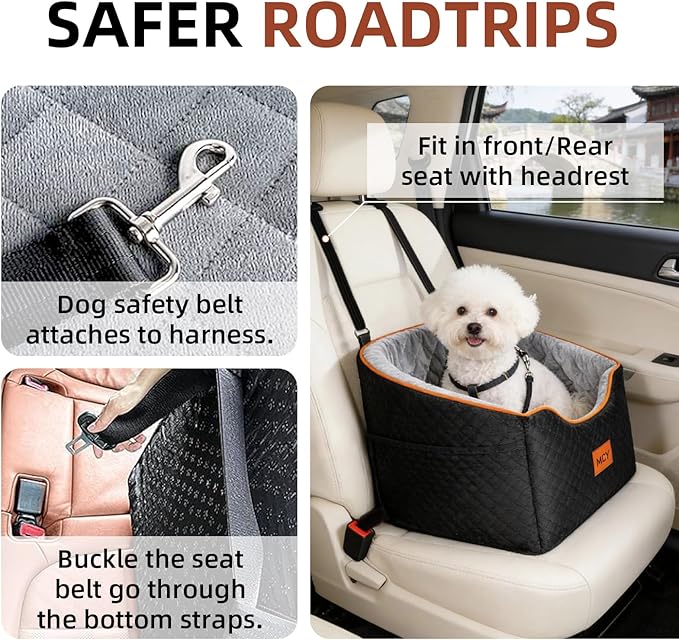 MCY Dog Car Seat for Small Dogs, Elevated Pet Car Seat, Travel Safety Pet Seat for Dogs up to 35 lbs, Memory Foam Booster Dog Seat with Washable Removable Cover, Storage Pockets, Black (Black-Gray)