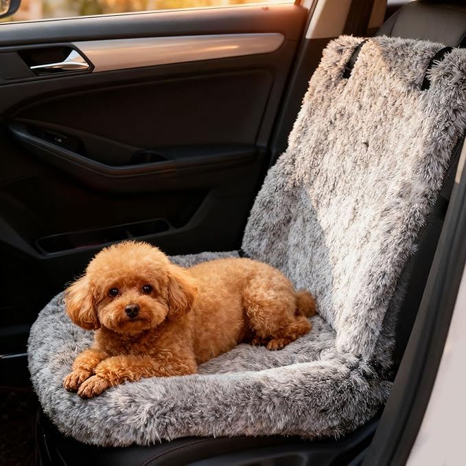 Generic Dog Car Seat for Dogs,Fluffy Pet Seat with Detachable Washable Cushion, Portable Travel-Safe Bed for Cars with Safety Belts (Grey, 72X60cm)