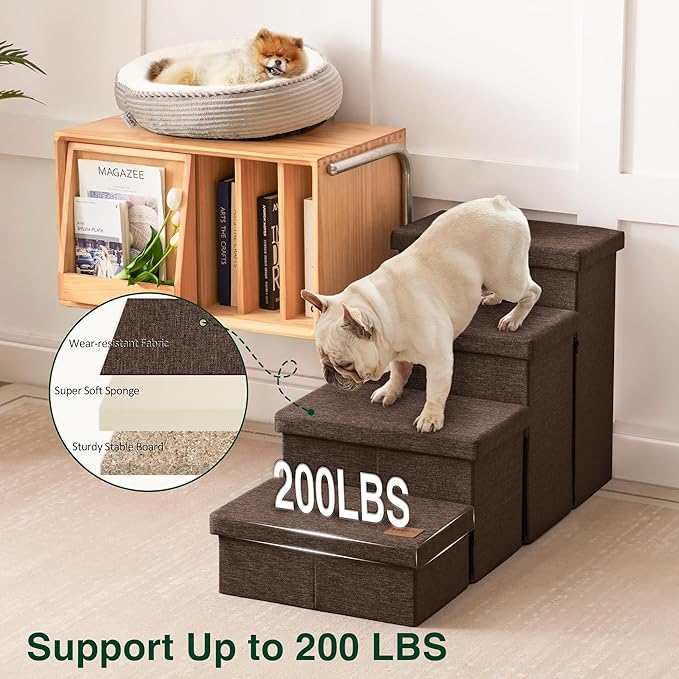Love's cabin Dog Stairs for Small Medium or Large Dogs with Storage and Adjustable Steps,Foldable Dog Steps for Bed or Couch,4-Step Coffee Folding Cat Pet Ramp with Zip up to 200 lbs,Coffee