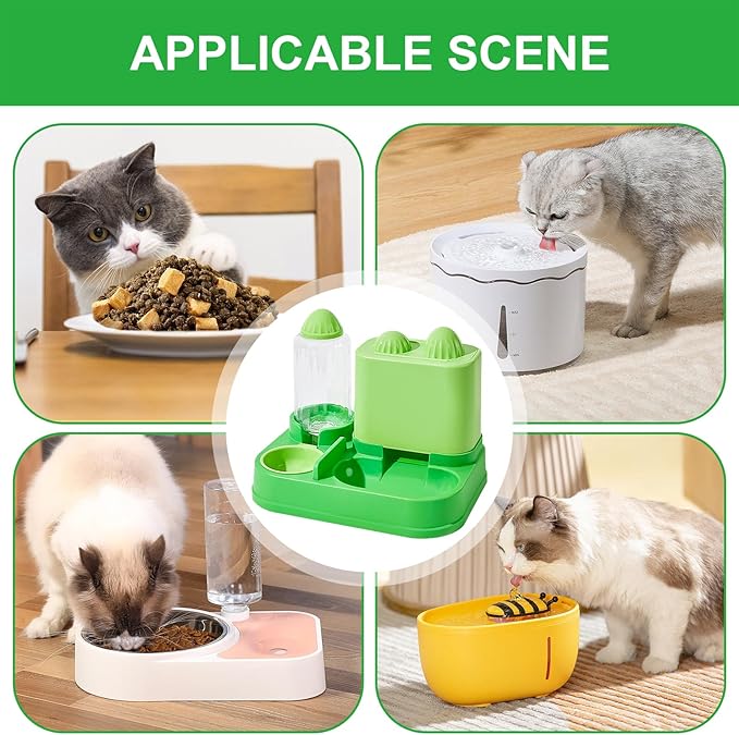Mangeoirs Et Abreuvoirs Pour Chats, 2 in 1 Bee/Cactus Pets Water and Food Bowl Set, Gamelle Chat, Large Capacity Automatic Cat Feeders Gravity Food Feeder and Waterer Set for Dogs Cats (Green)