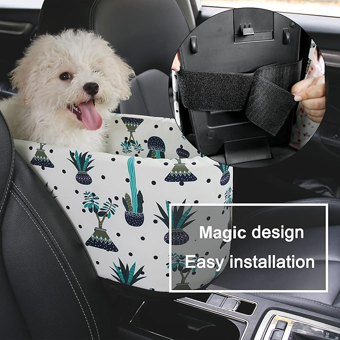 Pet Safety Booster Seat, Center Console Car Seat for Small Dogs Cats, Puppy Armrest Booster Seat, Pet Washable Travel Armrests Bed Bag, Removable Dog Car Seat for Small Pets Up to 13 Lbs (Cactus)