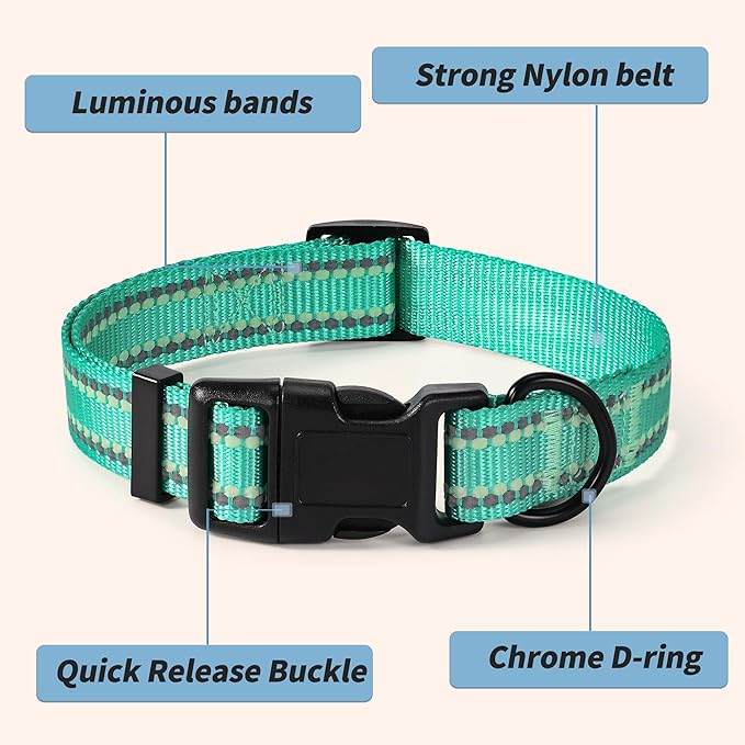Mile High Life Reflective Dog Collar, Basic Dog Collars Adjustable Quick Release, Soft Nylon Pet Collar with Metal D-Ring for Small Medium Large Dogs (Green, M Neck13-17")