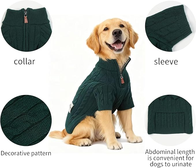 Small/Medium Dog Sweater, Warm Dog Winter Coat w/Sleeves, Comfortable High Neck Premium Dog Clothes for Golden Retriever-Best for Holidays, Daily Walks XXL Green