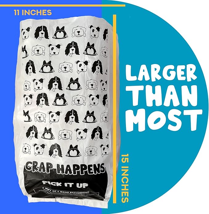 EXTRA Large Dog Poop bags | CRAP HAPPENS | 11x15 inches | Animal Bags for Waste | Leakproof and Odorless (High Density Polyethylene)