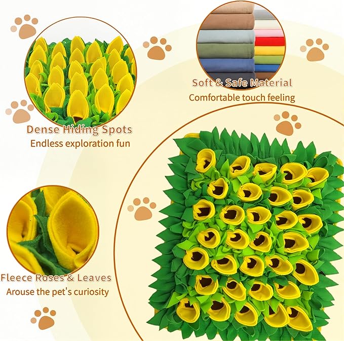 Snuffle Mat for Dogs, Cats, Rabbits, Guinea Pigs, Durable Washable Pet Feeding Mat, Flower & Grass Slow Feeder, Nose Work Training Pad, Anxiety Relief & Mental Stimulation(S, Yellow)