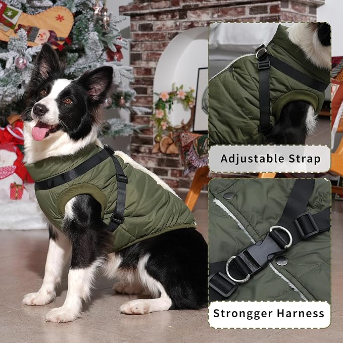 Dog Jacket with Harness,Fleece Lined Warm Puppy Coat for Winter,Soft Windproof Medium Dog Vest,Green XL