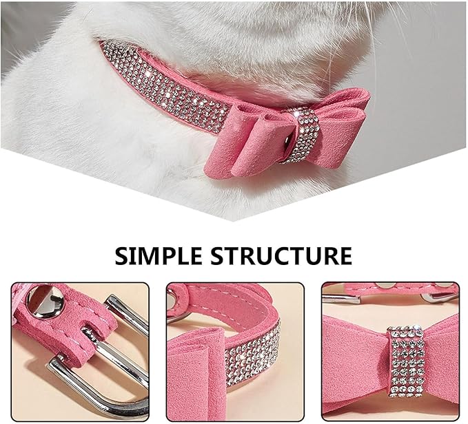 Pet Dog Collar Rhinestone Bow Tie Adjustable Microfiber XXS 25cm Pink Bling Collar for Small Cats and Puppies