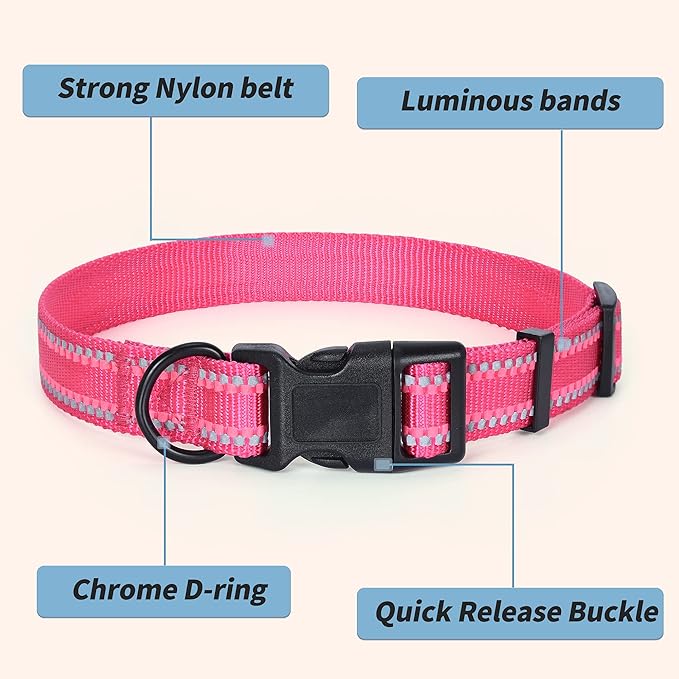 Mile High Life Reflective Dog Collar, Basic Dog Collars Adjustable Quick Release, Soft Nylon Pet Collar with Metal D-Ring for Small Medium Large Dogs (Pink, M Neck13-17")